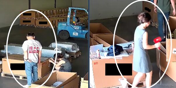 Images de caméras de surveillance montrant des complices en train de décoller des étiquettes de numéros de série à l'aide de sèche-cheveux. // Source : DoJ Images de caméras de surveillance montrant des complices en train de décoller des étiquettes de numéros de série à l'aide de sèche-cheveux. // Source : DoJ