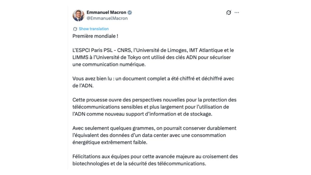 Un document complet a été chiffré et déchiffré avec de l’ADN. // Source : EmmanuelMacron sur X Un document complet a été chiffré et déchiffré avec de l’ADN. // Source : EmmanuelMacron sur X