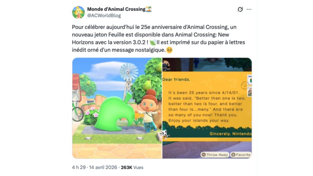 En ce 14 avril 2026, Animal Crossing fête ses 25 ans (tweet traduit). // Source : @ACWorldBlog sur X