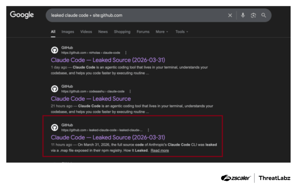 Le troisième résultat Google affichait un dépôt piégé // Source : Zscaler Le troisième résultat Google affichait un dépôt piégé // Source : Zscaler