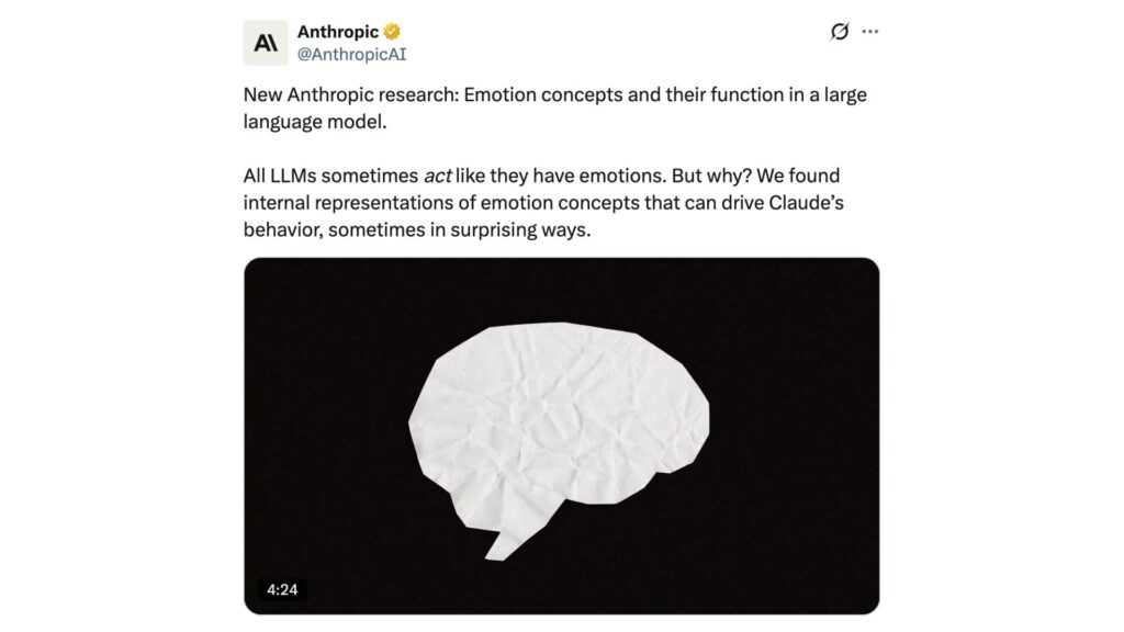 Tous les modèles de langage étendus (LLM) se comportent parfois comme s’ils éprouvaient des émotions // Source : AnthropicAI sur X Tous les modèles de langage étendus (LLM) se comportent parfois comme s’ils éprouvaient des émotions // Source : AnthropicAI sur X