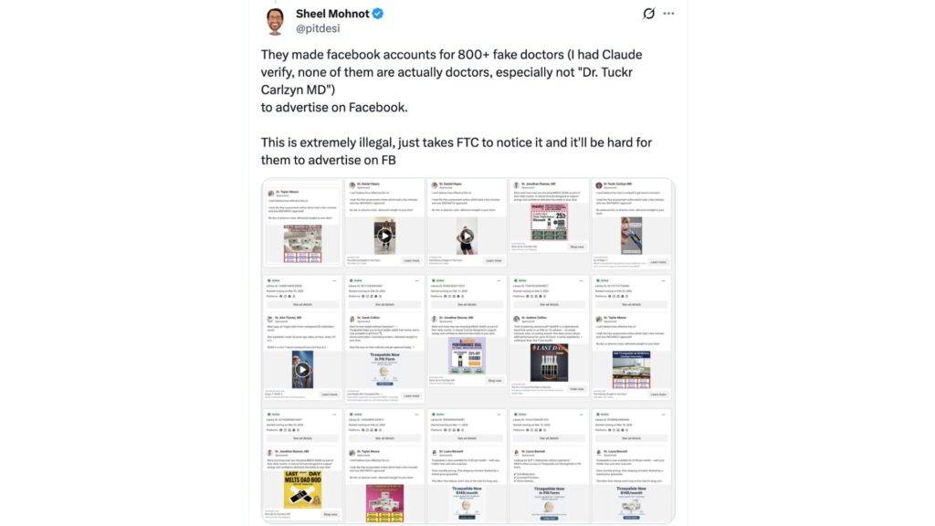 Selon cet utilisateur, Medvi disposerait d'une pub Facebook avec plus de 800 médecins. // Source : @pitdesi sur X Selon cet utilisateur, Medvi disposerait d'une pub Facebook avec plus de 800 médecins. // Source : @pitdesi sur X