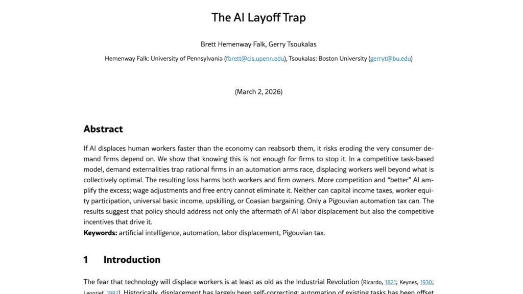 « The AI Layoff Trap » (le pièges des licenciements liés à l'IA) // Source : Brett Hemenway Falk, Gerry Tsoukalas via Arxiv