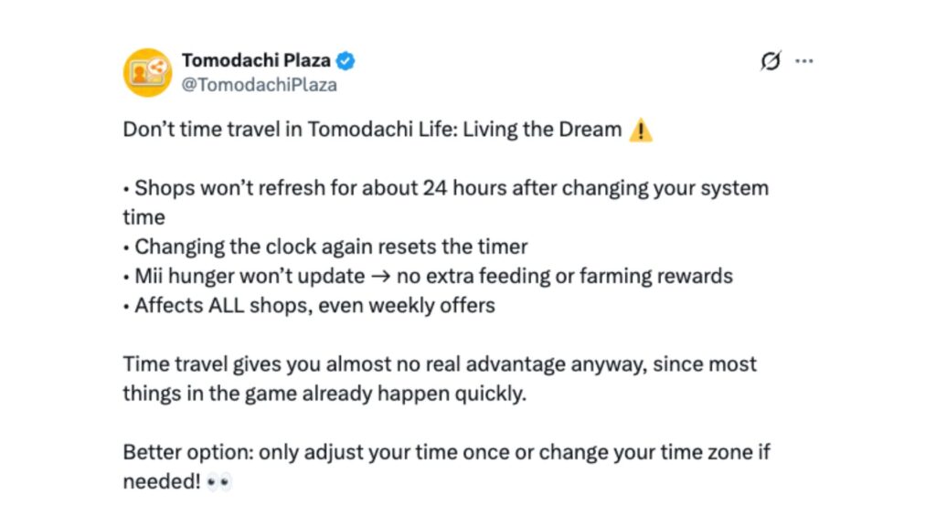 Le time-travel ne passe pas sur Tomodachi Life. // Source : @TomodachiPlaza sur X Le time-travel ne passe pas sur Tomodachi Life. // Source : @TomodachiPlaza sur X
