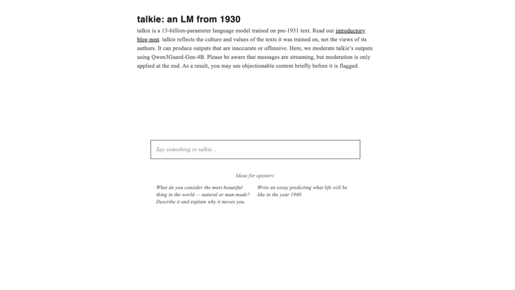 Le modèle de langage Talkie. // Source : Capture d'écran Numerama Le modèle de langage Talkie. // Source : Capture d'écran Numerama