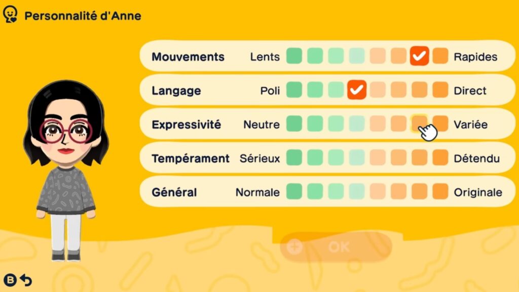 Le choix de la personnalité passe par un petit formulaire composé de cinq curseurs. // Source : Nintendo Le choix de la personnalité passe par un petit formulaire composé de cinq curseurs. // Source : Nintendo