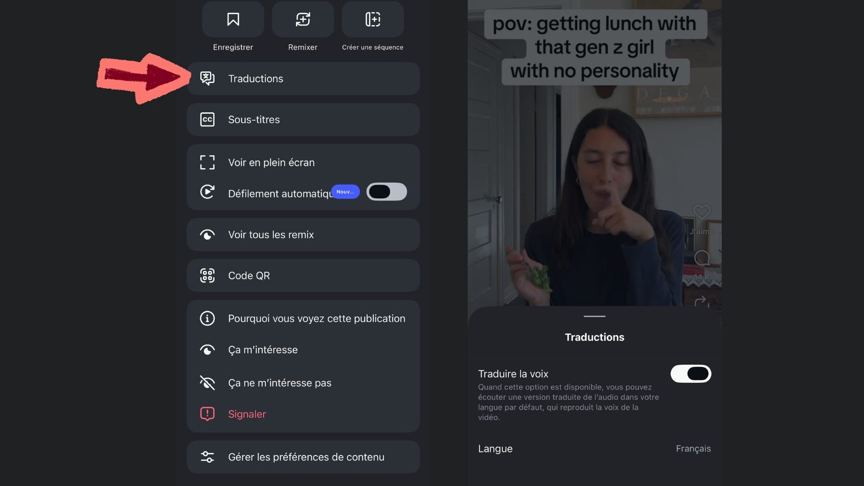 Sur Instagram, certaines vidéos peuvent être doublées automatiquement dans une autre langue. // Source : Capture d'écran Numerama Sur Instagram, certaines vidéos peuvent être doublées automatiquement dans une autre langue. // Source : Capture d'écran Numerama