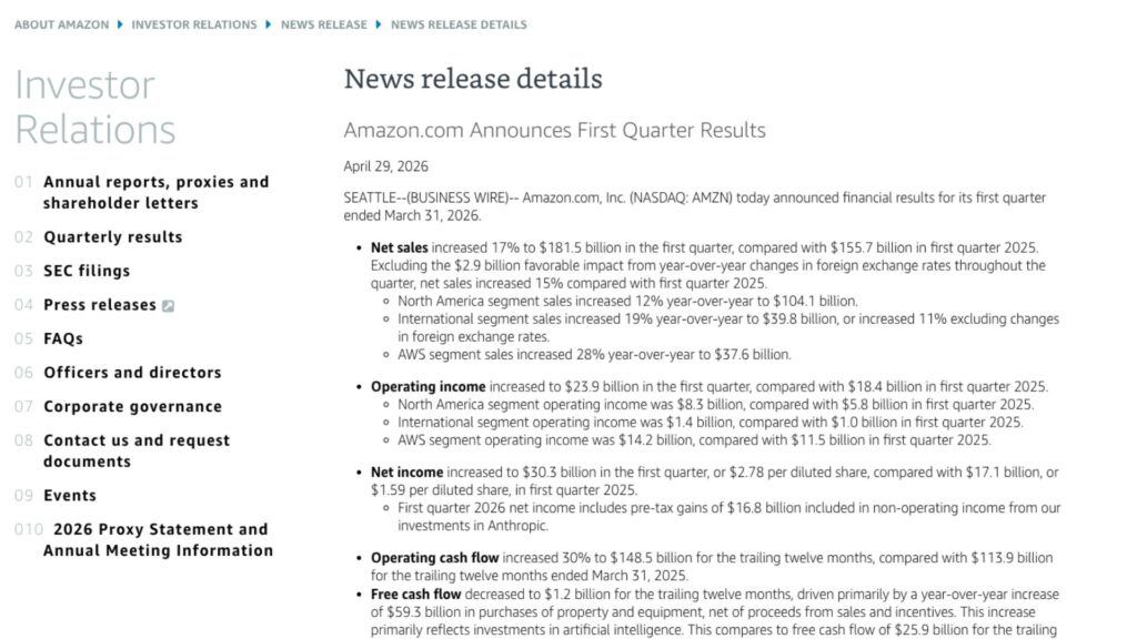 Les résultats du Q1 2026 d'Amazon. // Source : Amazon Les résultats du Q1 2026 d'Amazon. // Source : Amazon