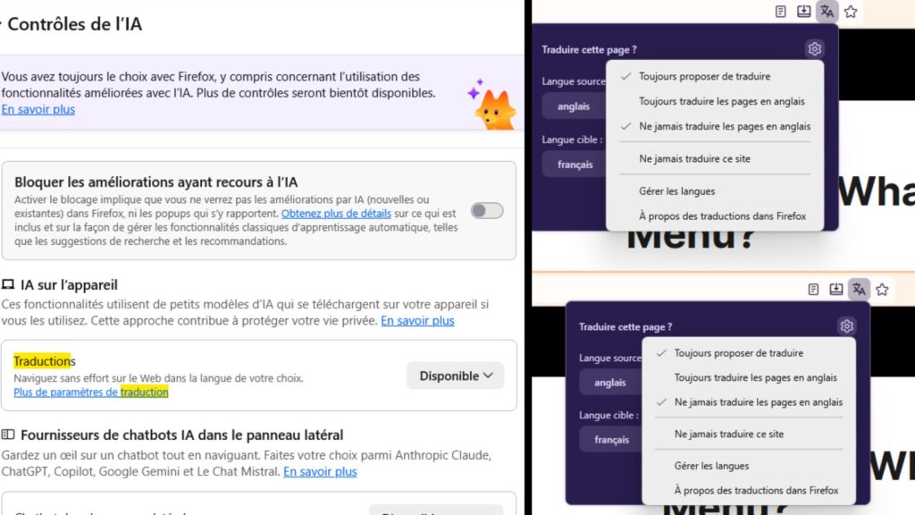 Sur Firefox, la traduction est généralement moins intrusive // Source : Capture d'écran Numerama Sur Firefox, la traduction est généralement moins intrusive // Source : Capture d'écran Numerama