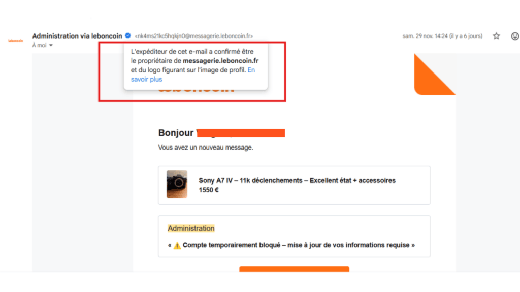 Mail certifié provenant de le Bon Coin // Source : capture d'écran