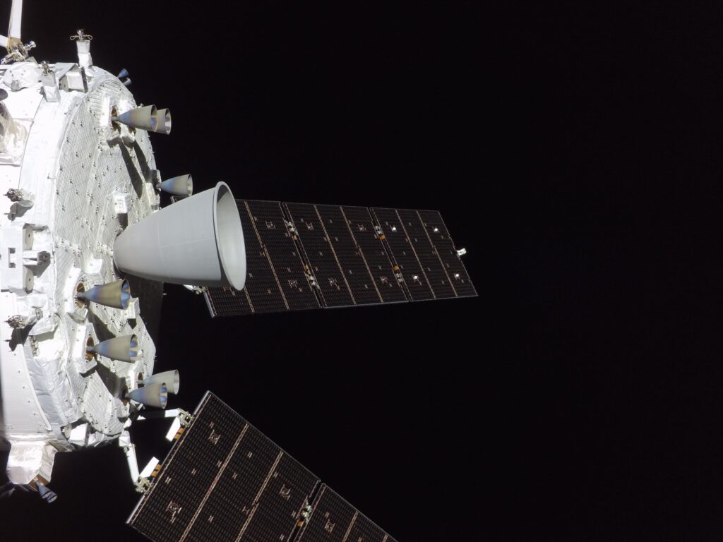 art002e012495 (April 7, 2026) - The engines on the Orion spacecraft’s service module are prominently featured in this image from flight day six of the Artemis II mission. Taken from a camera mounted on a solar array wing, the largest is the orbital maneuvering system engine, surrounded by eight smaller auxiliary thrusters. Credit: NASA art002e012495 (April 7, 2026) - The engines on the Orion spacecraft’s service module are prominently featured in this image from flight day six of the Artemis II mission. Taken from a camera mounted on a solar array wing, the largest is the orbital maneuvering system engine, surrounded by eight smaller auxiliary thrusters. Credit: NASA