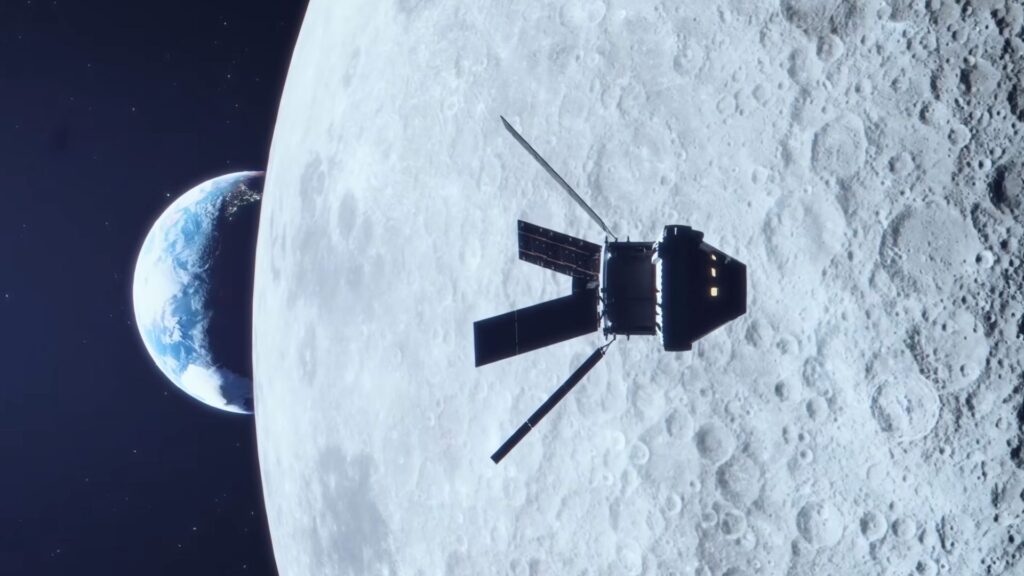 Vue d'artiste de la capsule Orion pendant la mission Artémis II. // Source : Capture d'écran YouTube Nasa Johnson Vue d'artiste de la capsule Orion pendant la mission Artémis II. // Source : Capture d'écran YouTube Nasa Johnson