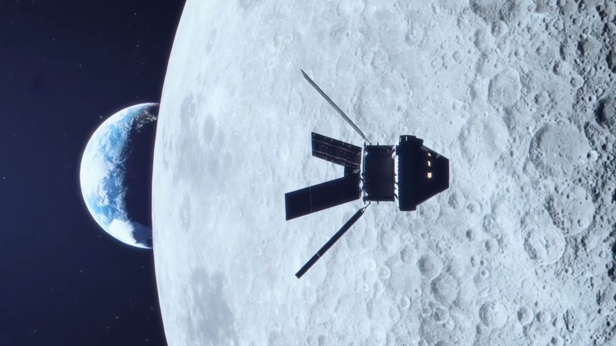 Vue d'artiste de la capsule Orion pendant la mission Artémis II. // Source : Capture d'écran YouTube Nasa Johnson