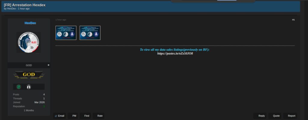 Le profil d'Hexdex arbore désormais la photo de la Brigade, signe de la saisie du compte // Source : Capture d'écran HexDex fournie par Sophos Le profil d'Hexdex arbore désormais la photo de la Brigade, signe de la saisie du compte // Source : Capture d'écran HexDex fournie par Sophos