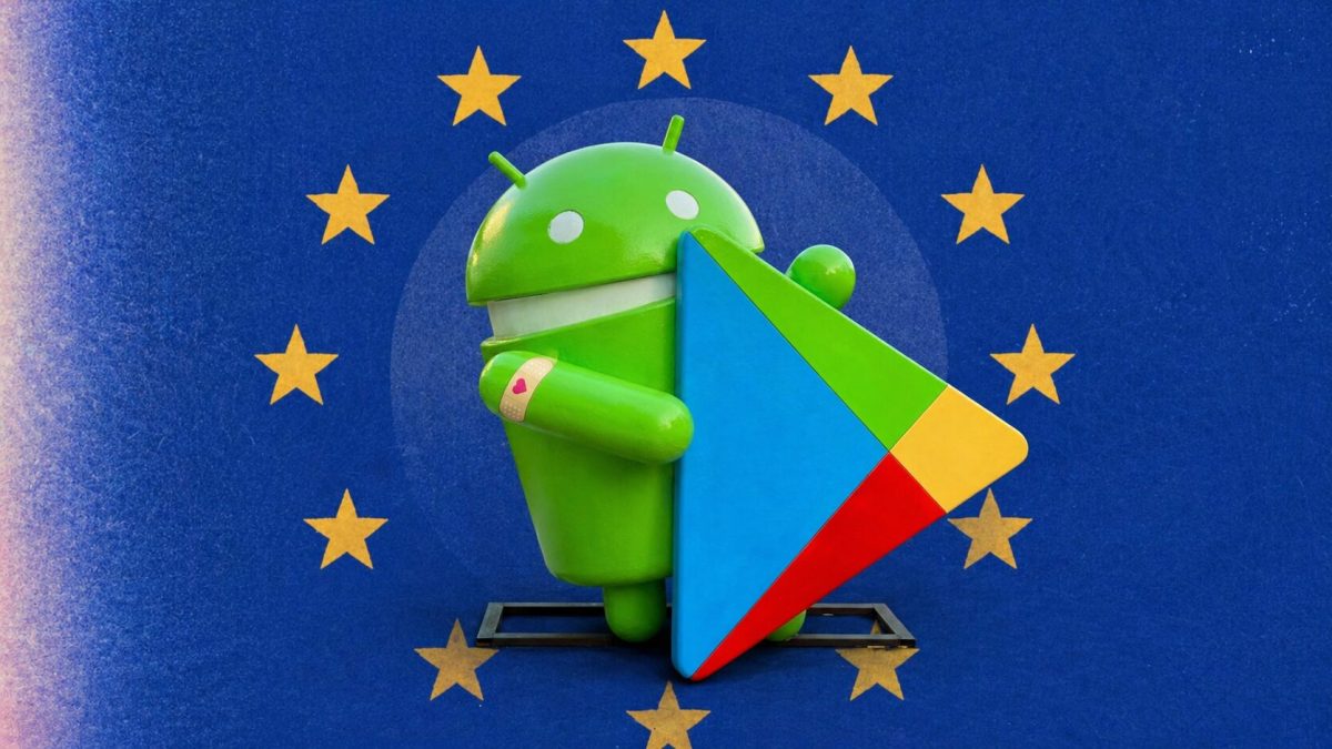 Le logo d'Android et du Google Play Store et le drapeau de l'UE. // Source : Numerama Le logo d'Android et du Google Play Store et le drapeau de l'UE. // Source : Numerama