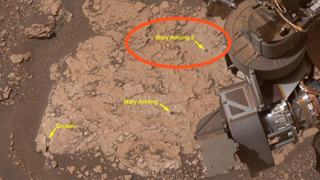 Forages du rover Curiosity pris en photo en octobre 2020. // Source : NASA/JPL-Caltech/MSSS ; annotation Numerama Forages du rover Curiosity pris en photo en octobre 2020. // Source : NASA/JPL-Caltech/MSSS ; annotation Numerama