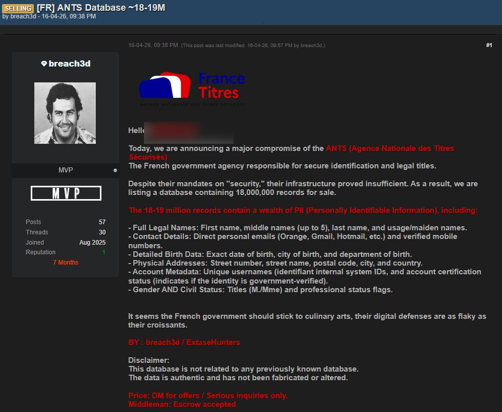 Message du hacker publié sur un forum du DarkWeb // Source : Capture d'écran Numerama Message du hacker publié sur un forum du DarkWeb // Source : Capture d'écran Numerama