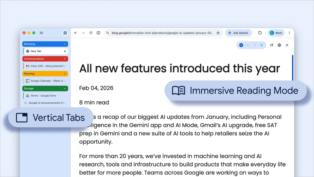 À gauche, les onglets verticaux de Google Chrome. À gauche, les onglets verticaux de Google Chrome.