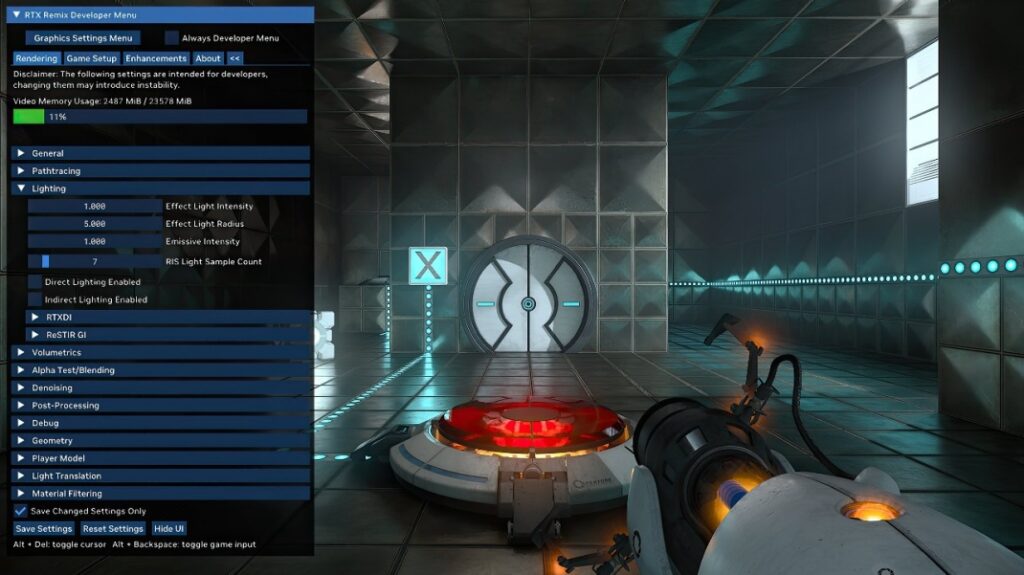Le menu de personnalisation de Portal RTX Remix Le menu de personnalisation de Portal RTX Remix