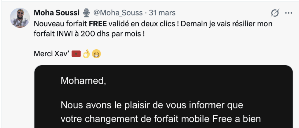Le forfait Free Max fait aussi le bonheur des personnes parfois au Maroc, parfois en France, comme le créateur de contenus Moha Soussi. Le forfait Free Max fait aussi le bonheur des personnes parfois au Maroc, parfois en France, comme le créateur de contenus Moha Soussi.