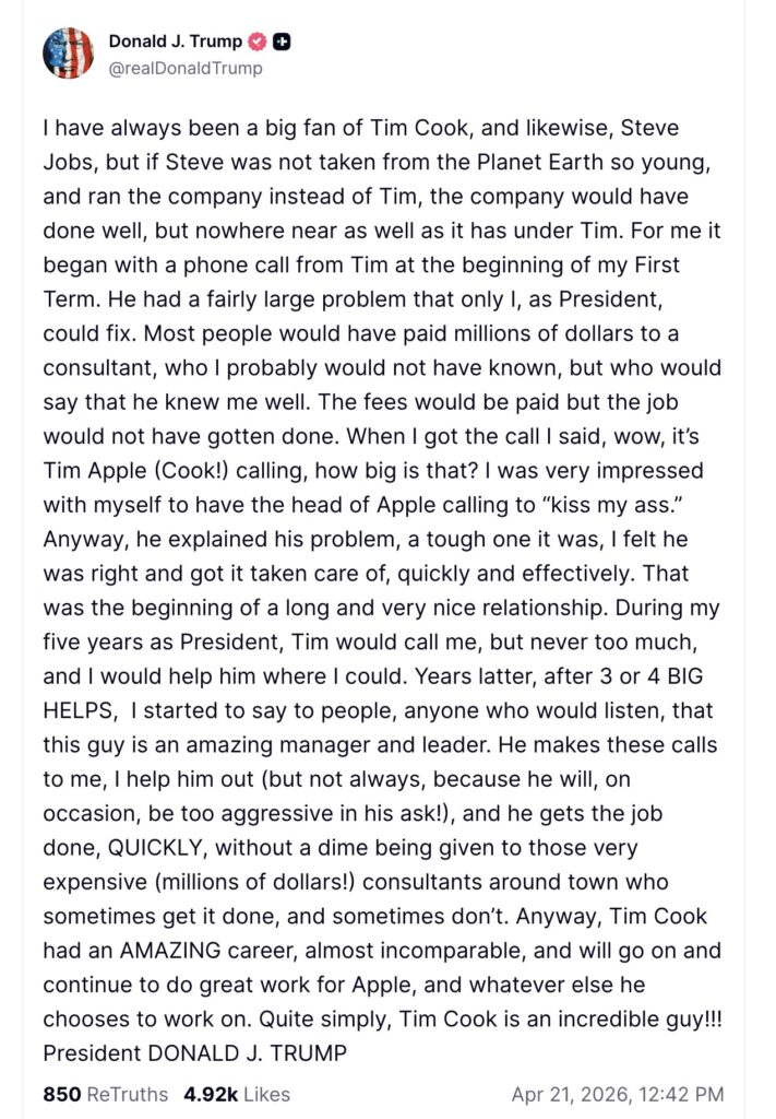 Le post de Donald Trump sur Truth Social. Le post de Donald Trump sur Truth Social.