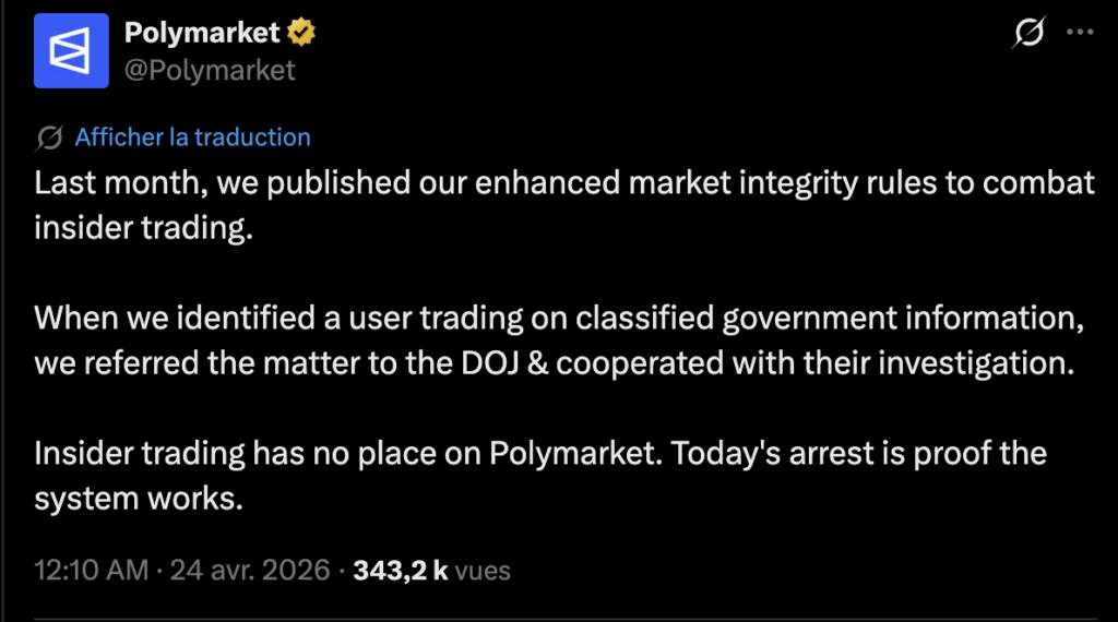 Le mois dernier, nous avons publié nos règles renforcées sur l'intégrité du marché pour lutter contre le délit d'initié. Lorsque nous avons identifié un utilisateur effectuant des transactions sur des informations gouvernementales classifiées, nous avons transmis l'affaire au DOJ et coopéré avec leur enquête. Le délit d'initié n'a pas sa place sur Polymarket. L'arrestation d'aujourd'hui prouve que le système fonctionne. Le mois dernier, nous avons publié nos règles renforcées sur l'intégrité du marché pour lutter contre le délit d'initié. Lorsque nous avons identifié un utilisateur effectuant des transactions sur des informations gouvernementales classifiées, nous avons transmis l'affaire au DOJ et coopéré avec leur enquête. Le délit d'initié n'a pas sa place sur Polymarket. L'arrestation d'aujourd'hui prouve que le système fonctionne.