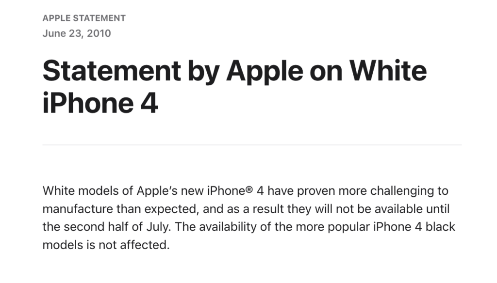 Le premier communiqué d'Apple sur l'iPhone 4 blanc. Le premier communiqué d'Apple sur l'iPhone 4 blanc.