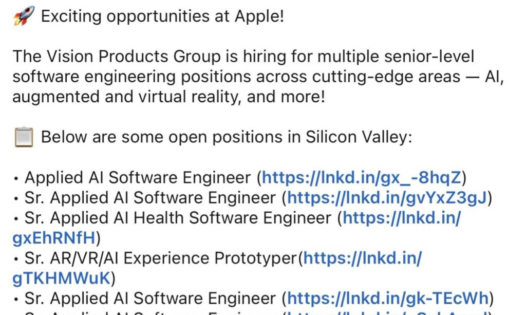 Des offres d'emploi partagés par Apple pour son équipe Vision Pro. Des offres d'emploi partagés par Apple pour son équipe Vision Pro.