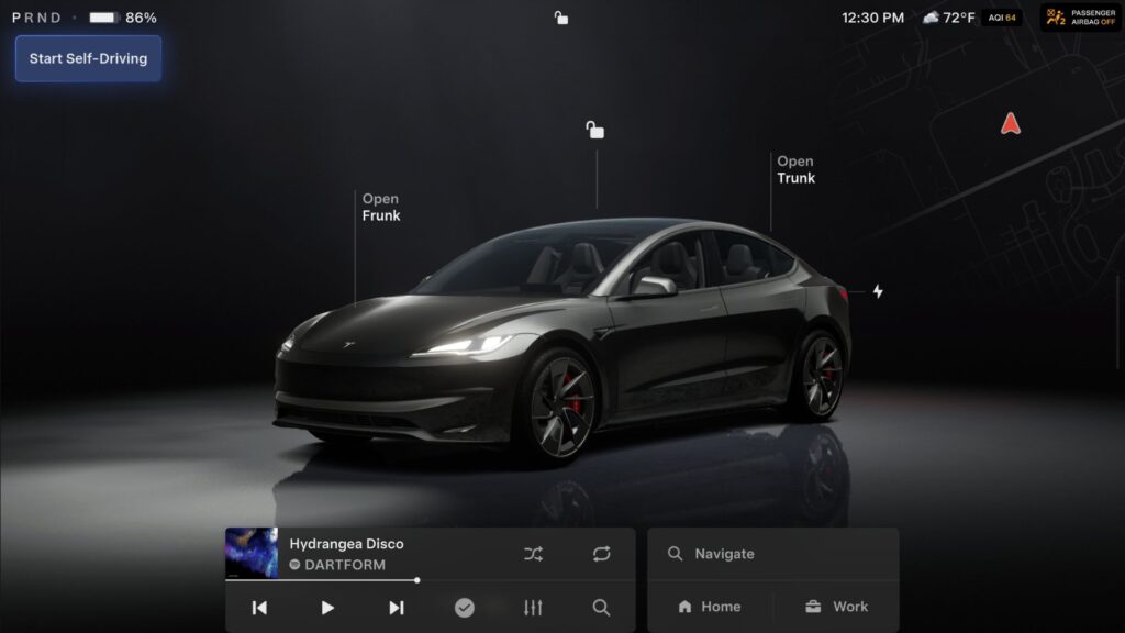 Le nouvel affichage 3D du modèle de Tesla en stationnement. // Source : Tesla Le nouvel affichage 3D du modèle de Tesla en stationnement. // Source : Tesla