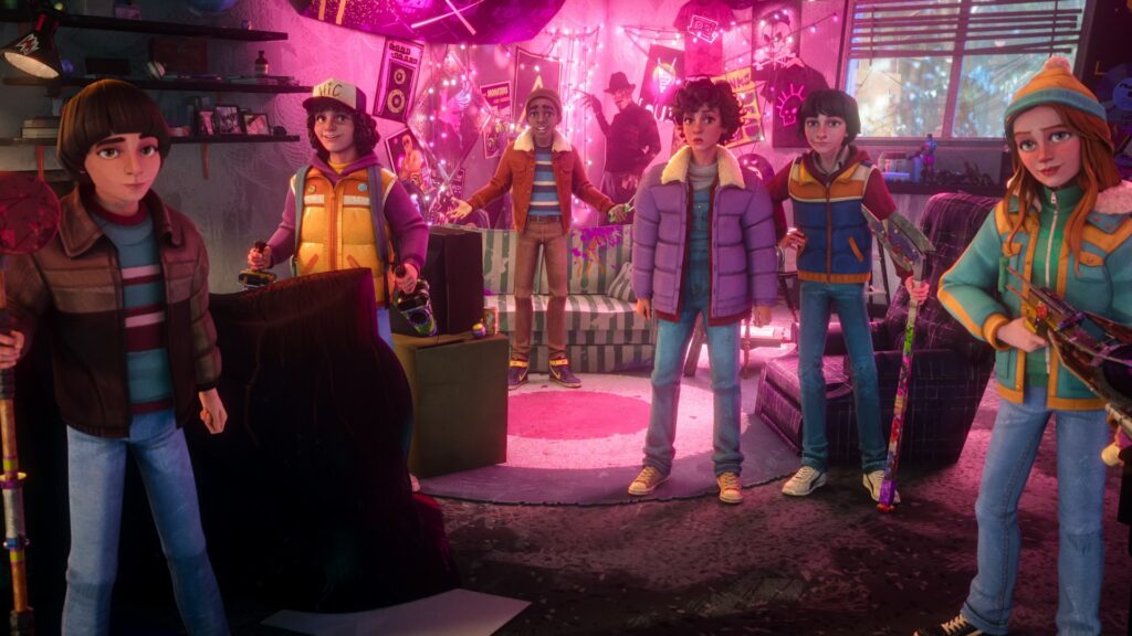 Stranger Things: Tales From '85. (L to R) Benjamin Plessala as Will, Braxton Quinney as Dustin, Elisha Williams as Lucas, Brooklyn Davey Norstedt as Eleven, Luca Diaz as Mike and Jolie Hoang-Rappaport as Max in Stranger Things: Tales From '85. Cr. COURTESY OF NETFLIX © 2026 Stranger Things: Tales From '85. (L to R) Benjamin Plessala as Will, Braxton Quinney as Dustin, Elisha Williams as Lucas, Brooklyn Davey Norstedt as Eleven, Luca Diaz as Mike and Jolie Hoang-Rappaport as Max in Stranger Things: Tales From '85. Cr. COURTESY OF NETFLIX © 2026