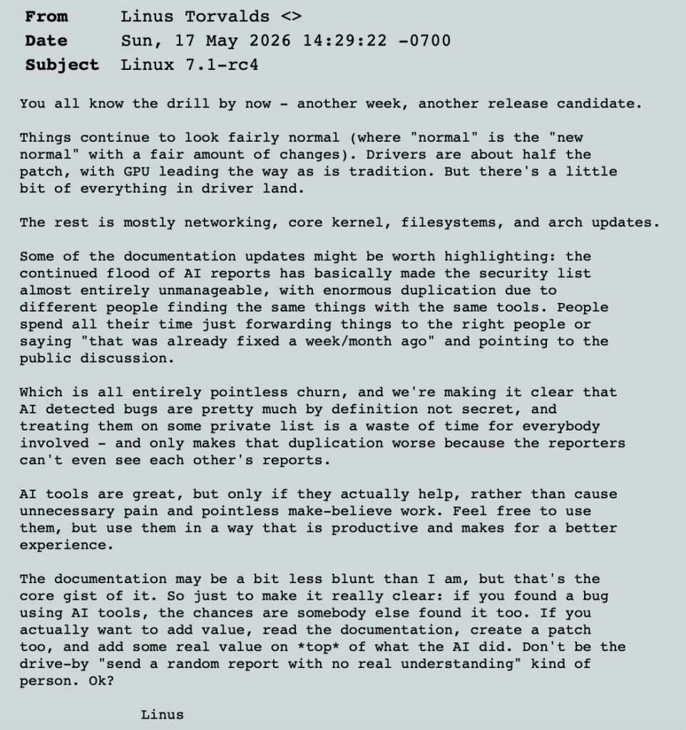 Mail de Linus Torvalds, daté du 17 mai 2026 // Source : Capture LKLM Mail de Linus Torvalds, daté du 17 mai 2026 // Source : Capture LKLM