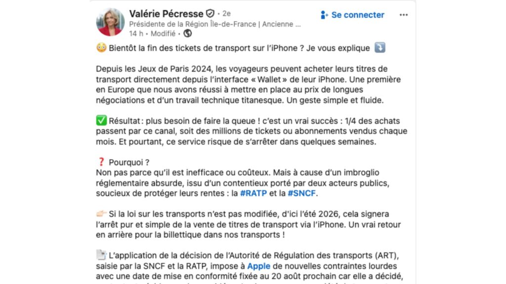 Le message de Valérie Pécresse publié sur LinkedIn. // Source : Capture d'écran Numerama Le message de Valérie Pécresse publié sur LinkedIn. // Source : Capture d'écran Numerama