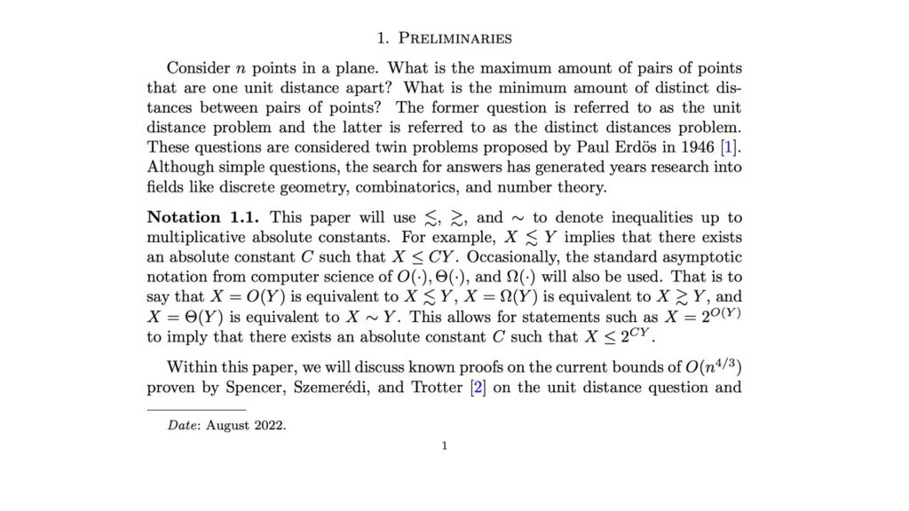 Un article de synthèse qui présente les deux problèmes de distances d’Erdős de 1946. // Source : Jessica Cao
