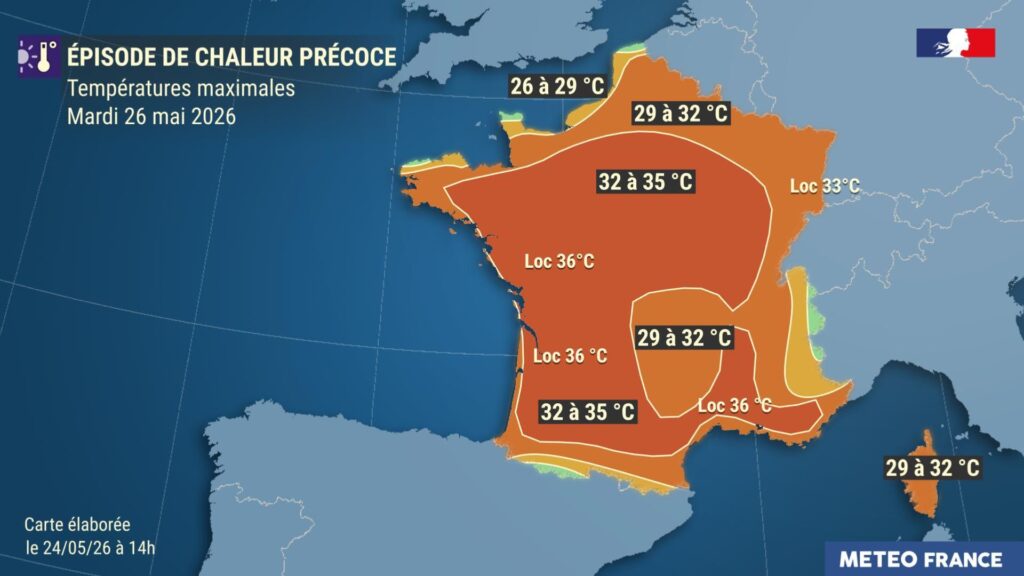 Prévisions pour le 26 mai 2026. // Source : Via X @meteofrance Prévisions pour le 26 mai 2026. // Source : Via X @meteofrance