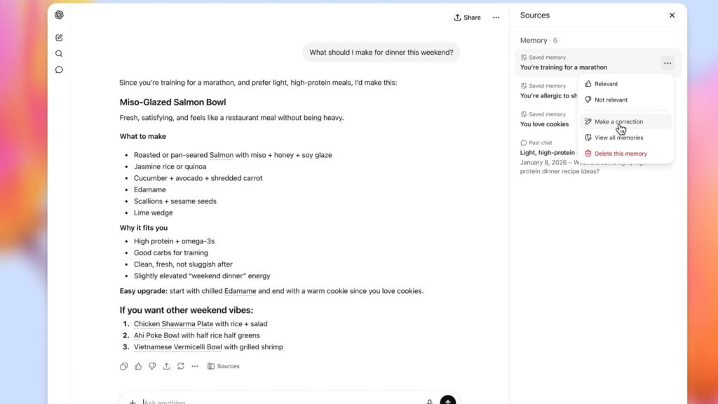 Cette nouvelle interface permet de voir quels éléments de contexte sont utilisés pour personnaliser les réponses. // Source : OpenAI