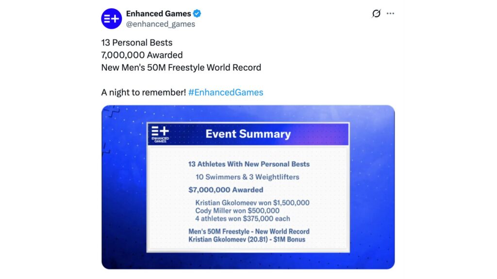 Le bilan de la 1re édition des Enhanced Games. // Source : Enhanced Games sur X. Le bilan de la 1re édition des Enhanced Games. // Source : Enhanced Games sur X.