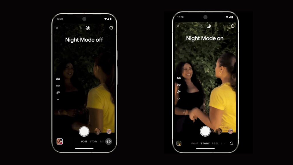 Des stories Instagram (vidéo) sans et avec le nouveau mode nuit. // Source : Google Des stories Instagram (vidéo) sans et avec le nouveau mode nuit. // Source : Google