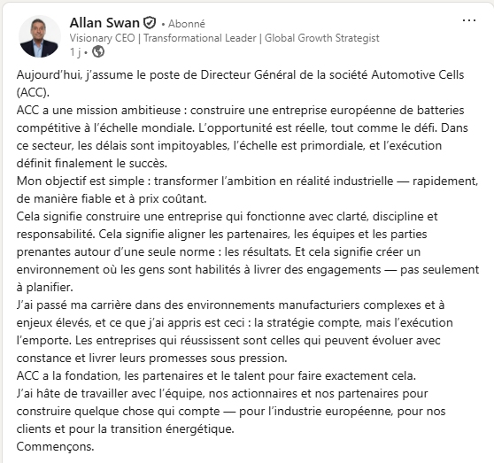 Annonce d'Allan Swan concernant ACC // Source : Allan Swan sur Linkedin Annonce d'Allan Swan concernant ACC // Source : Allan Swan sur Linkedin