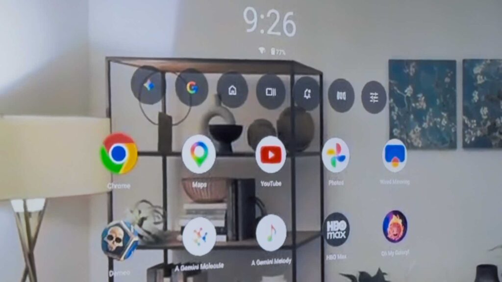 Ce que je voyais en portant les lunettes : les applications occupent une grande partie de ma vision mais sont transparentes, je vois à travers. // Source : Numerama Ce que je voyais en portant les lunettes : les applications occupent une grande partie de ma vision mais sont transparentes, je vois à travers. // Source : Numerama