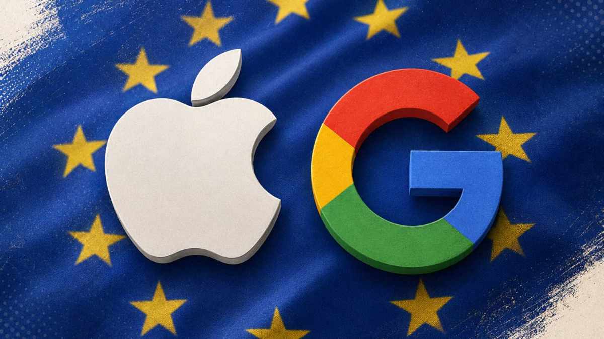 Apple et Google et le drapeau européen. // Source : Numerama avec ChatGPT Images
