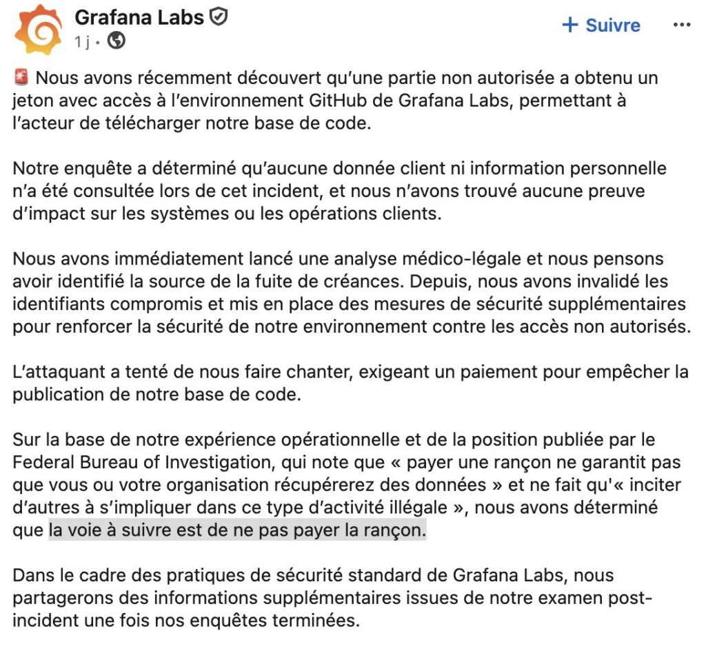 Communication de Grafana Labs // Source : LinkedIn Communication de Grafana Labs // Source : LinkedIn