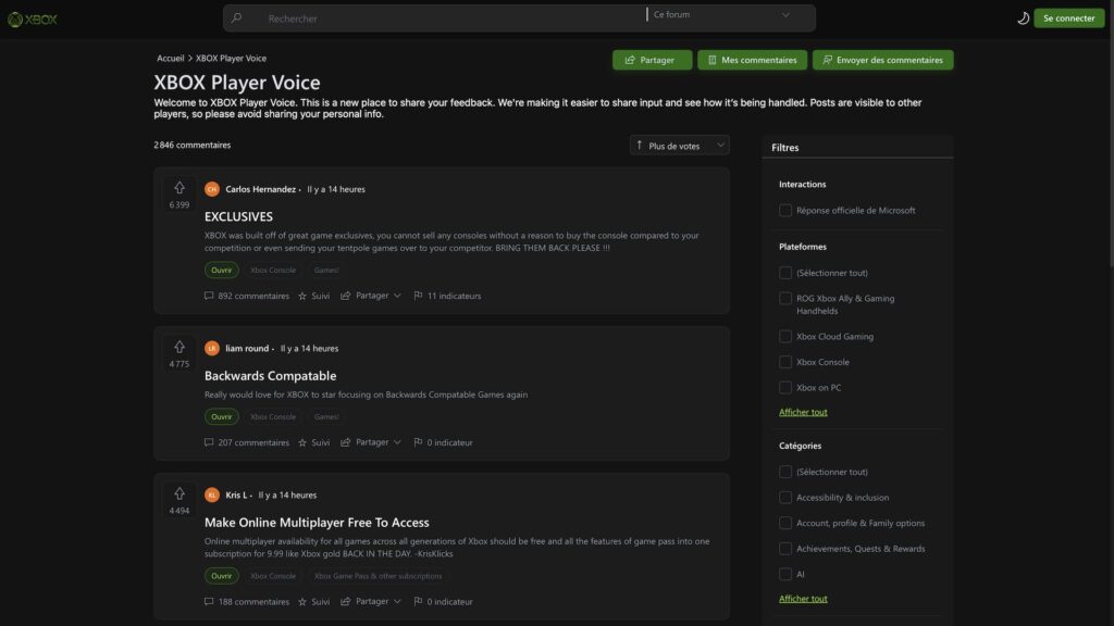 Les demandes les plus plébiscitées du portail XBOX Player Voice // Source : Capture Xbox Les demandes les plus plébiscitées du portail XBOX Player Voice // Source : Capture Xbox