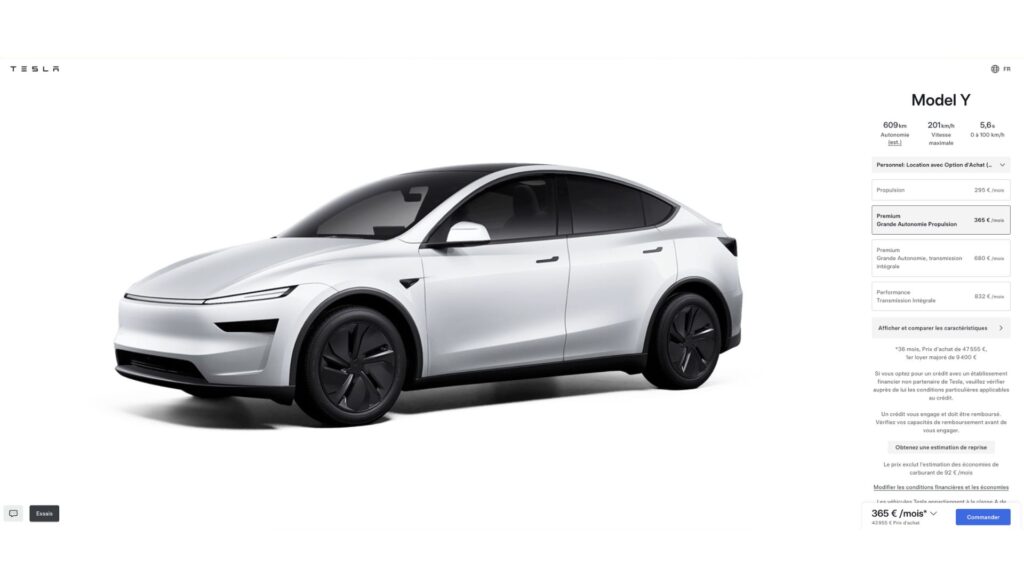 Le Tesla Model Y Premium propulsion passe à la batterie maison « 8L » et baisse en autonomie. // Source : Tesla via configurateur Le Tesla Model Y Premium propulsion passe à la batterie maison « 8L » et baisse en autonomie. // Source : Tesla via configurateur