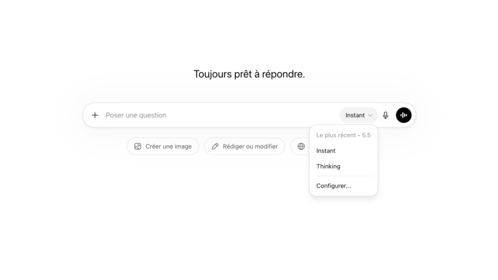 OpenAI a dévoilé GPT-5.5 Instant le 5 mai 2026.  // Source : Capture d'écran Numerama