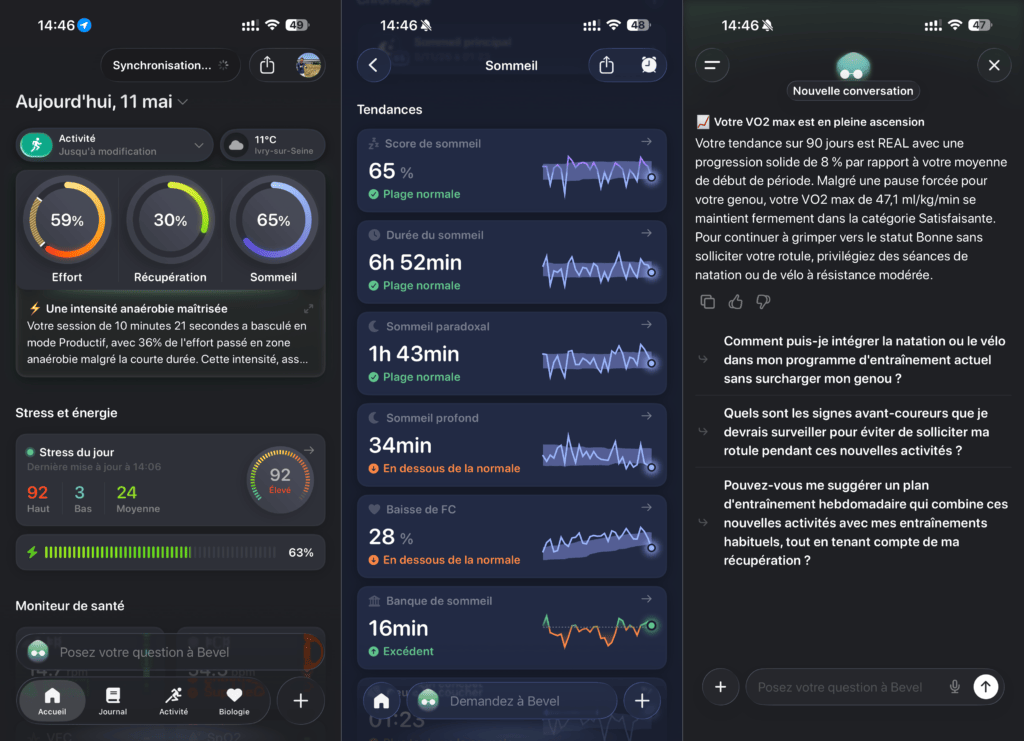 L'interface de Bevel avec les données d'une Apple Watch et le chatbot à droite. L'interface de Bevel avec les données d'une Apple Watch et le chatbot à droite.