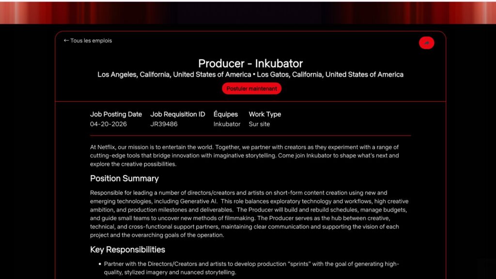 Une offre d'emploi publiée par Netflix pour INKubator. // Source : Netflix Une offre d'emploi publiée par Netflix pour INKubator. // Source : Netflix