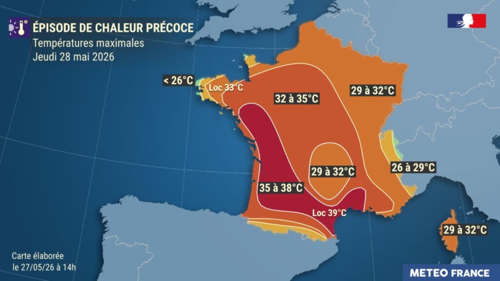 Prévisions pour la journée du 28 mai 2026. // Source : Via X @meteofrance Prévisions pour la journée du 28 mai 2026. // Source : Via X @meteofrance