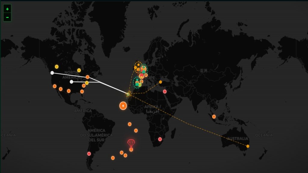 Carte de la diffusion du virus selon un des sites trackers. Carte de la diffusion du virus selon un des sites trackers.