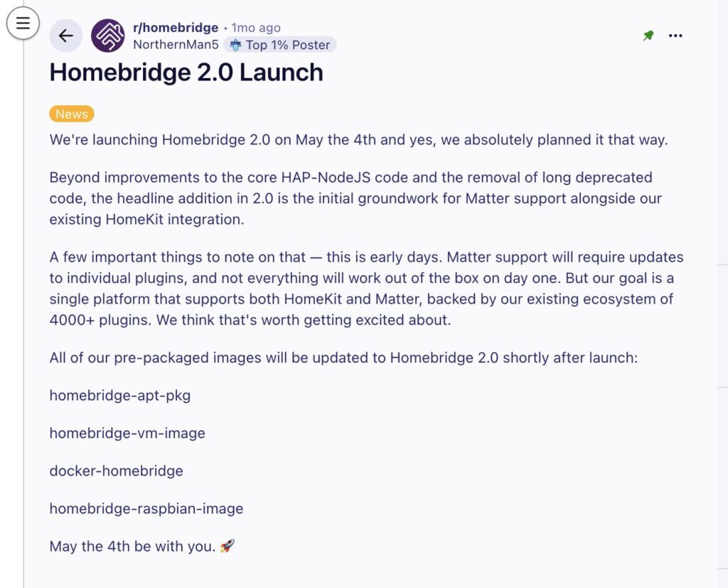 L'annonce du lancement de Homebridge 2.0 sur Reddit. L'annonce du lancement de Homebridge 2.0 sur Reddit.