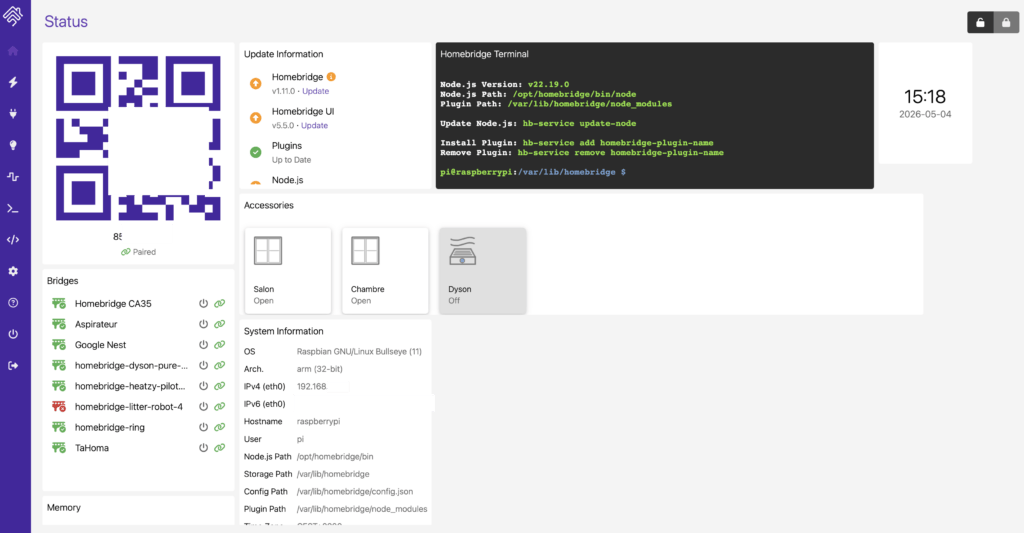 L'interface de gestion de Homebridge avec le QR code pour se connecter au pont et les plugins disponibles. L'interface de gestion de Homebridge avec le QR code pour se connecter au pont et les plugins disponibles.